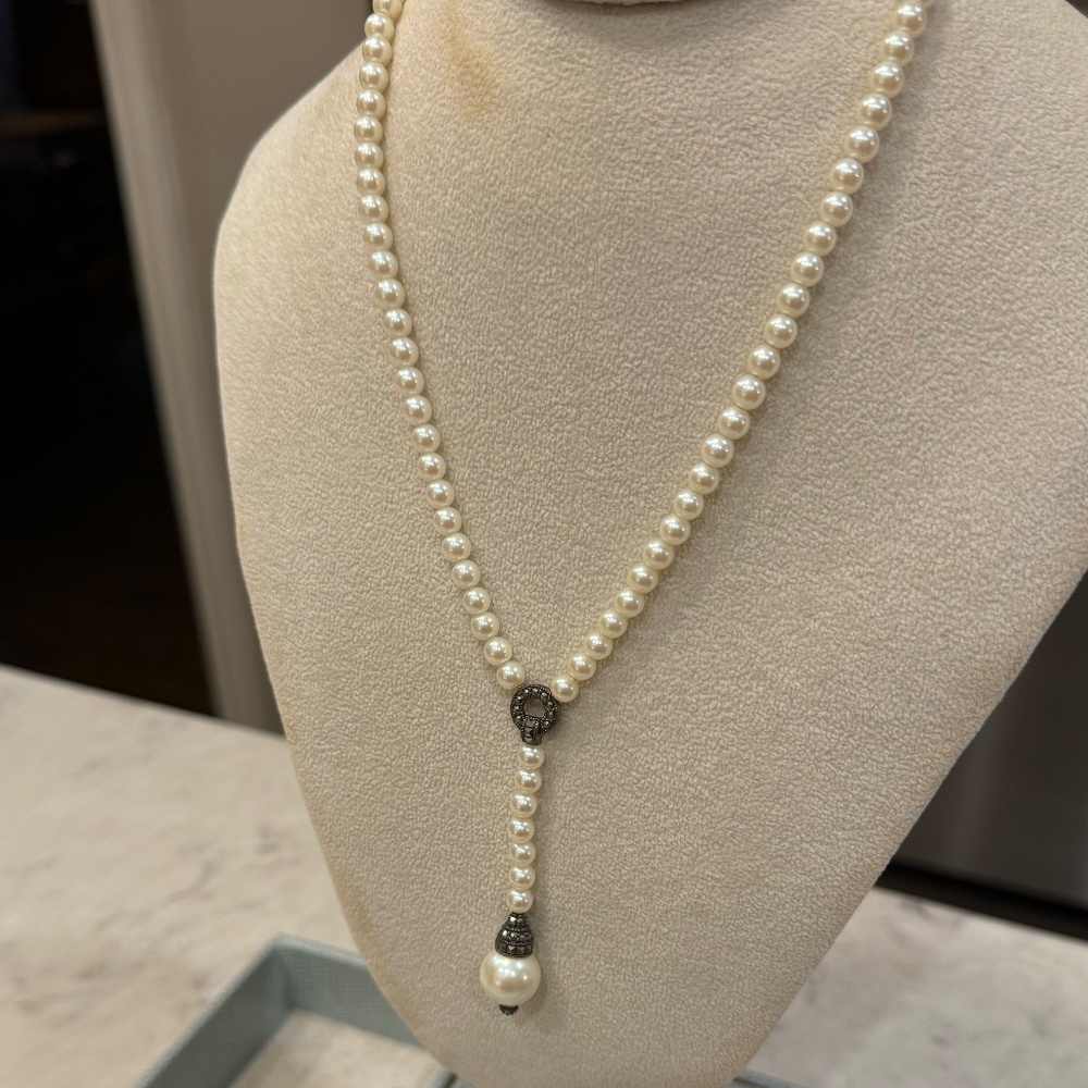 Beautiful Carolee Pearl and Marcasite Y Lariat in Sterling Necklace